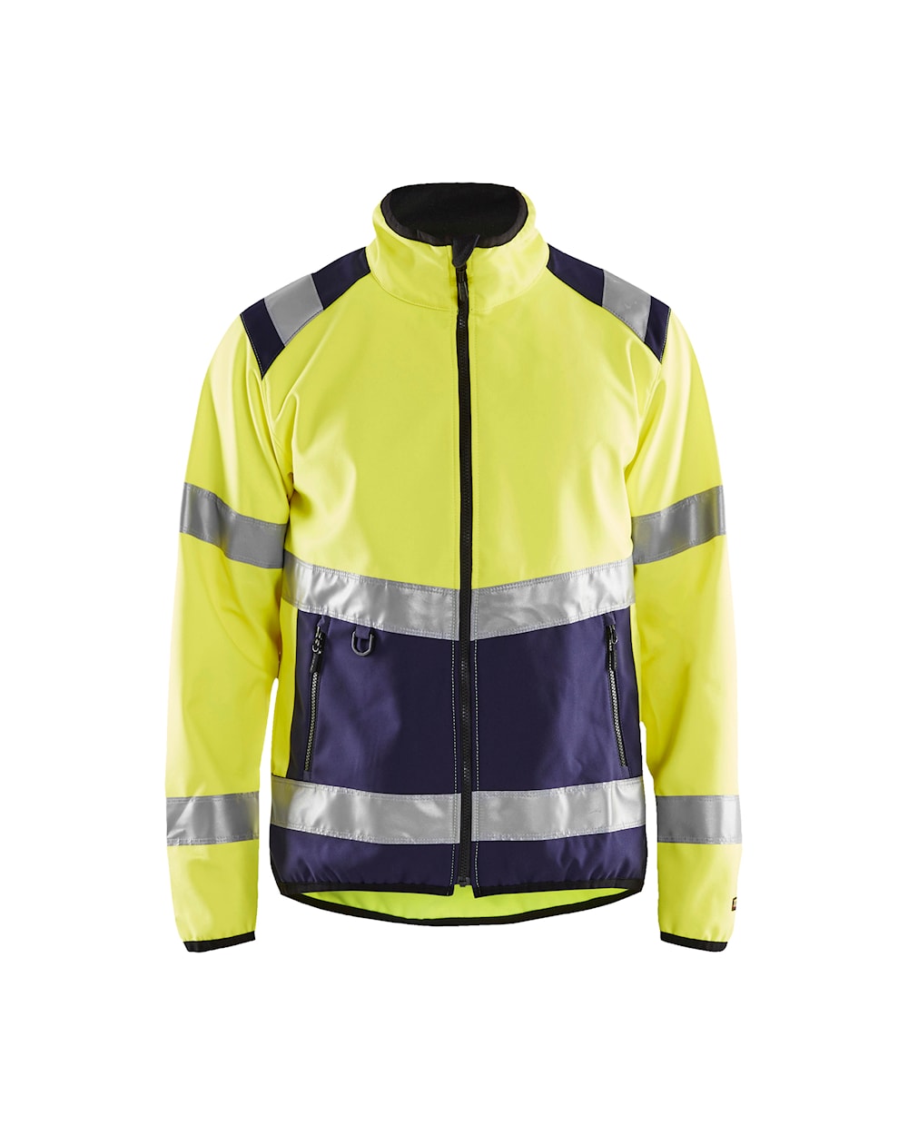 High Vis Softshell Jacke high vis gelb / marineblau vorn, DB Schenker