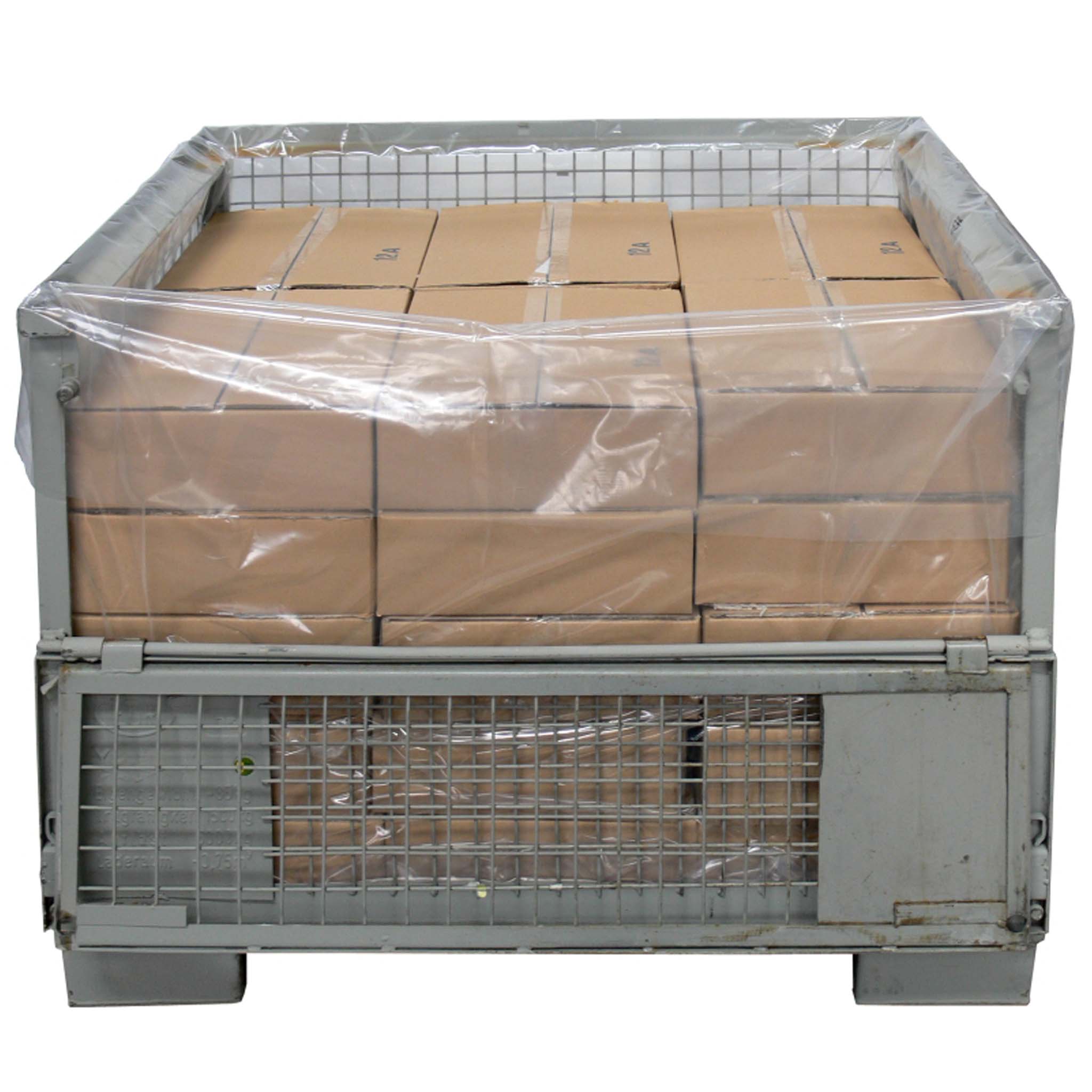 Inlay für EPAL Gitterbox Ansicht von vorn auf eine neue Gitterbox mit geöffneter Klappe. Die Box hat einen durchsichtigen Beutel als Inlay. Beispielhaft ist die Box mit vielen Kartons gefüllt