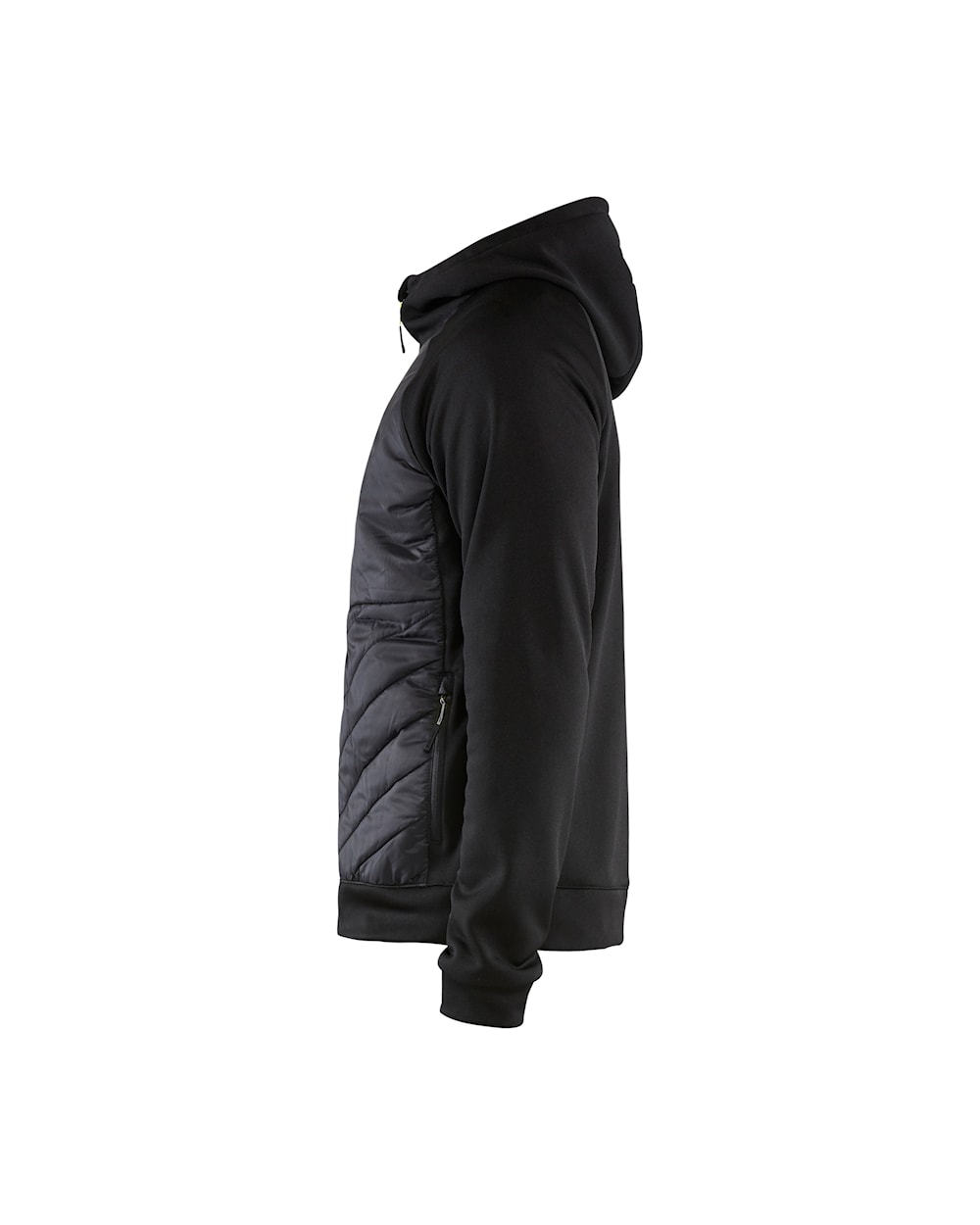 Schwarze, dünne Jacke mit Kapuze, Ansicht von links