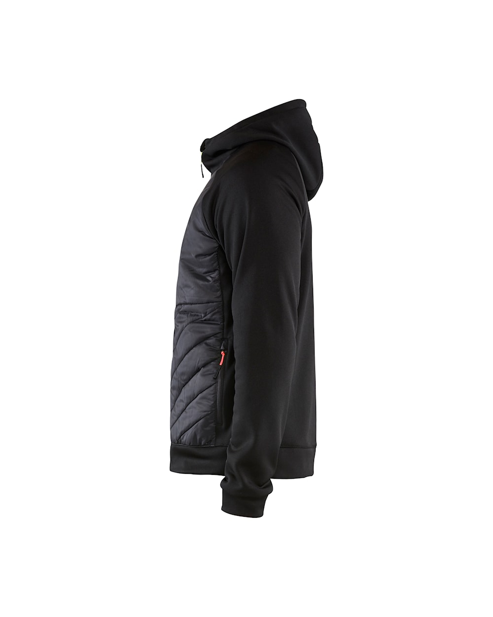 Schwarze, dünne Jacke mit Kapuze, Ansicht von links
