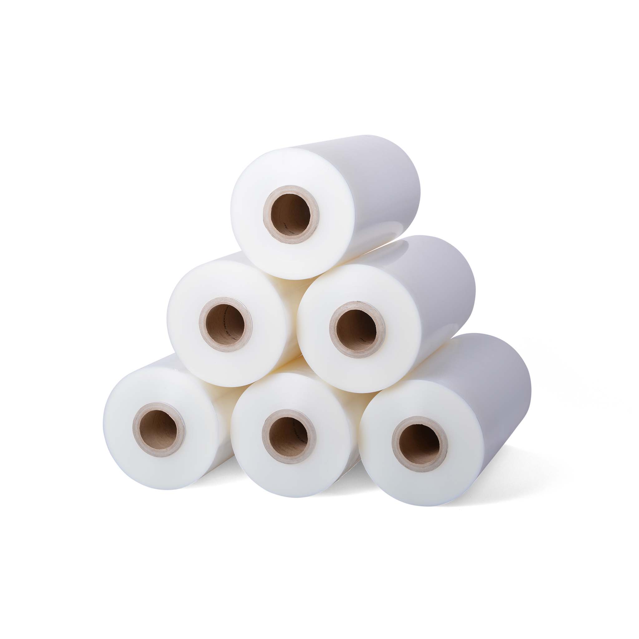 Maschinen-Stretchfolie 6 übereinanderliegende Rollen Maschinenstretchfolie mit Kern von vorn