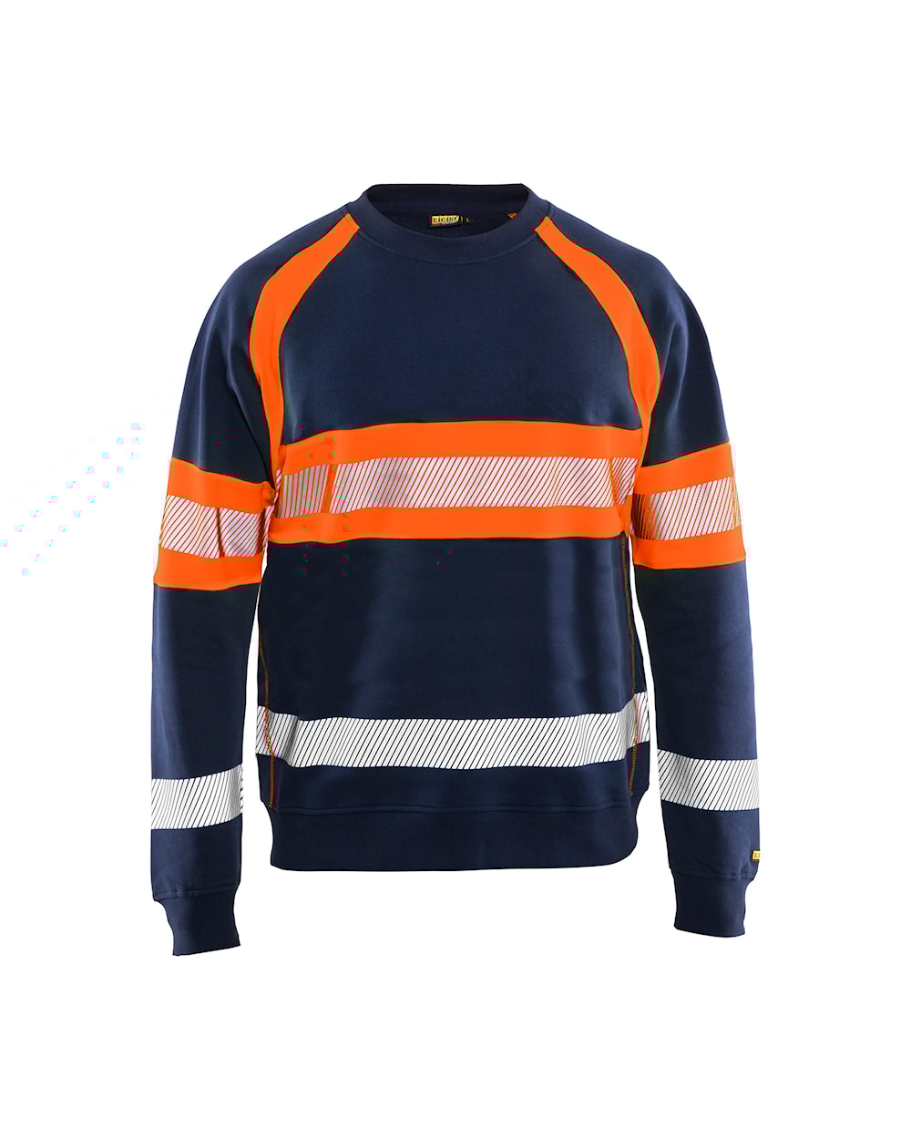 High Vis Sweater Marineblau / Orange, vorne, DB Schenker Dunkelblauer Pullover mit orangefarbenen und reflektierenden Details. Ansicht von vorn