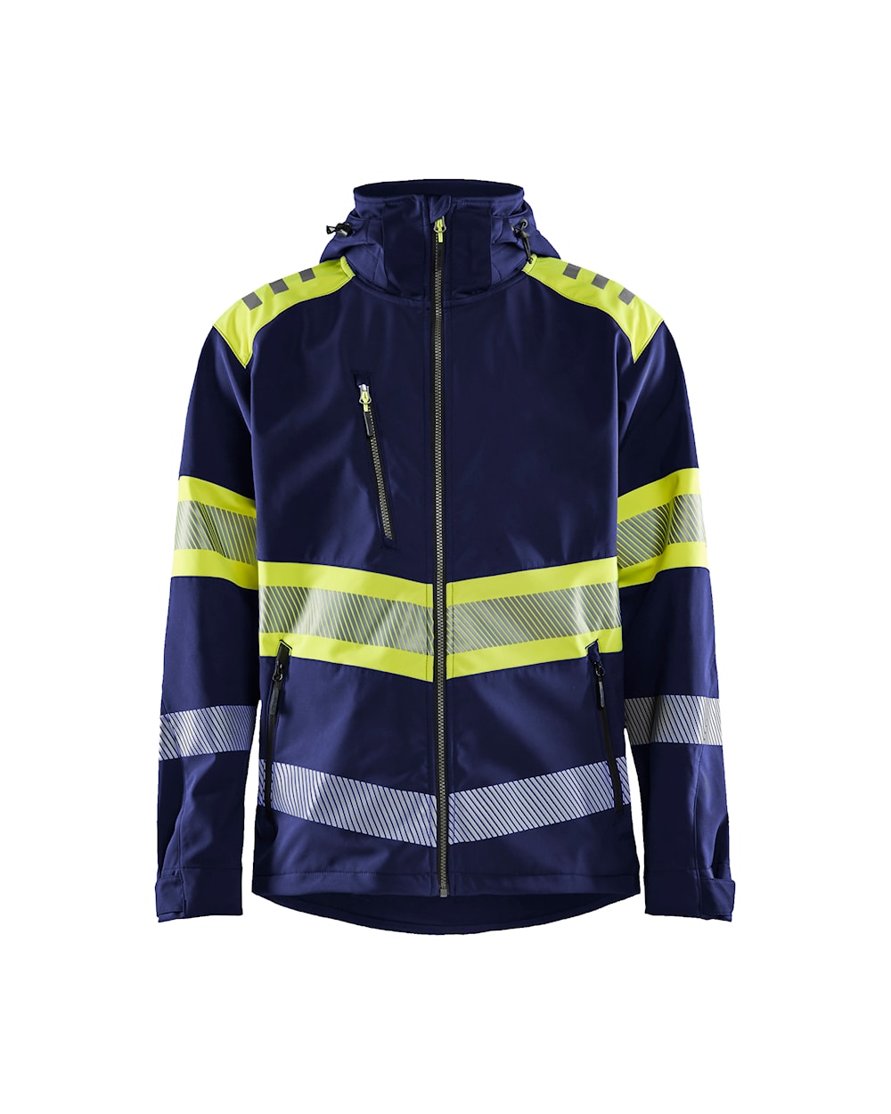 High Vis Softshell Jacke mit Kapuze marineblau / high vis gelb vorn