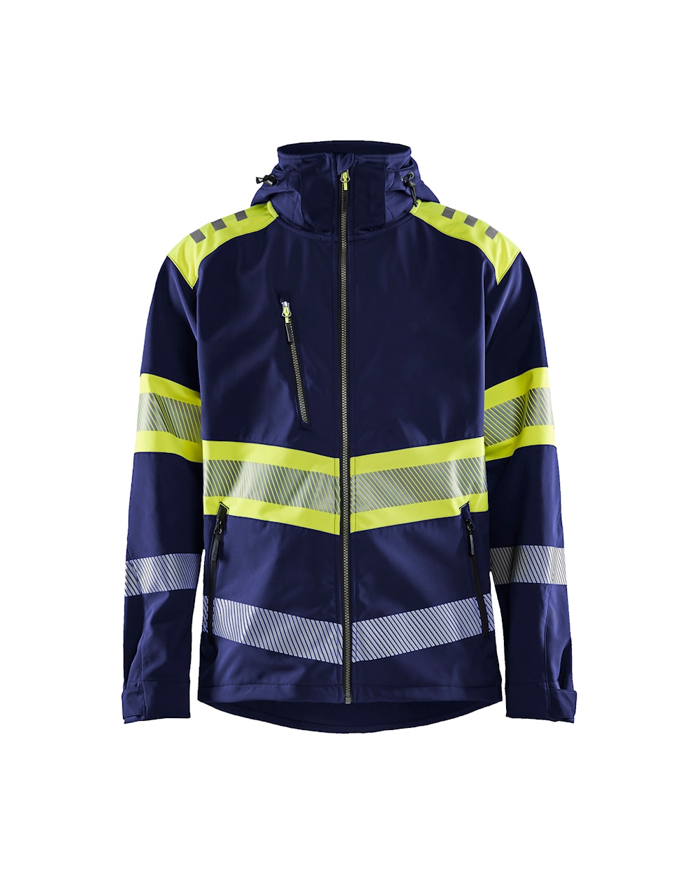 High Vis Softshell Jacke mit Kapuze  marineblau / high vis gelb vorn High Vis Softshell Jacke mit Kapuze marineblau / high vis gelb vorn