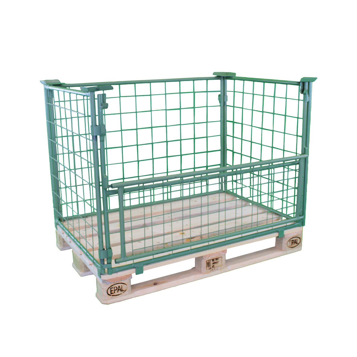 Ansicht von schräg vorn auf einen grünen Gitteraufsatzrahmen, der auf einer Europalette montiert ist. Die Klappe ist oben geöffnet