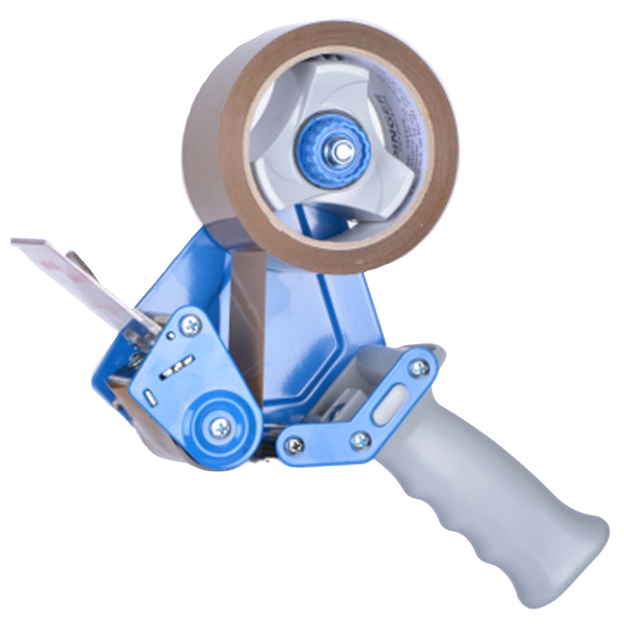 Handabroller  Handabroller Klebeband mit eingelegter brauner Rolle Klebeband in blau mit grauen Handgriff