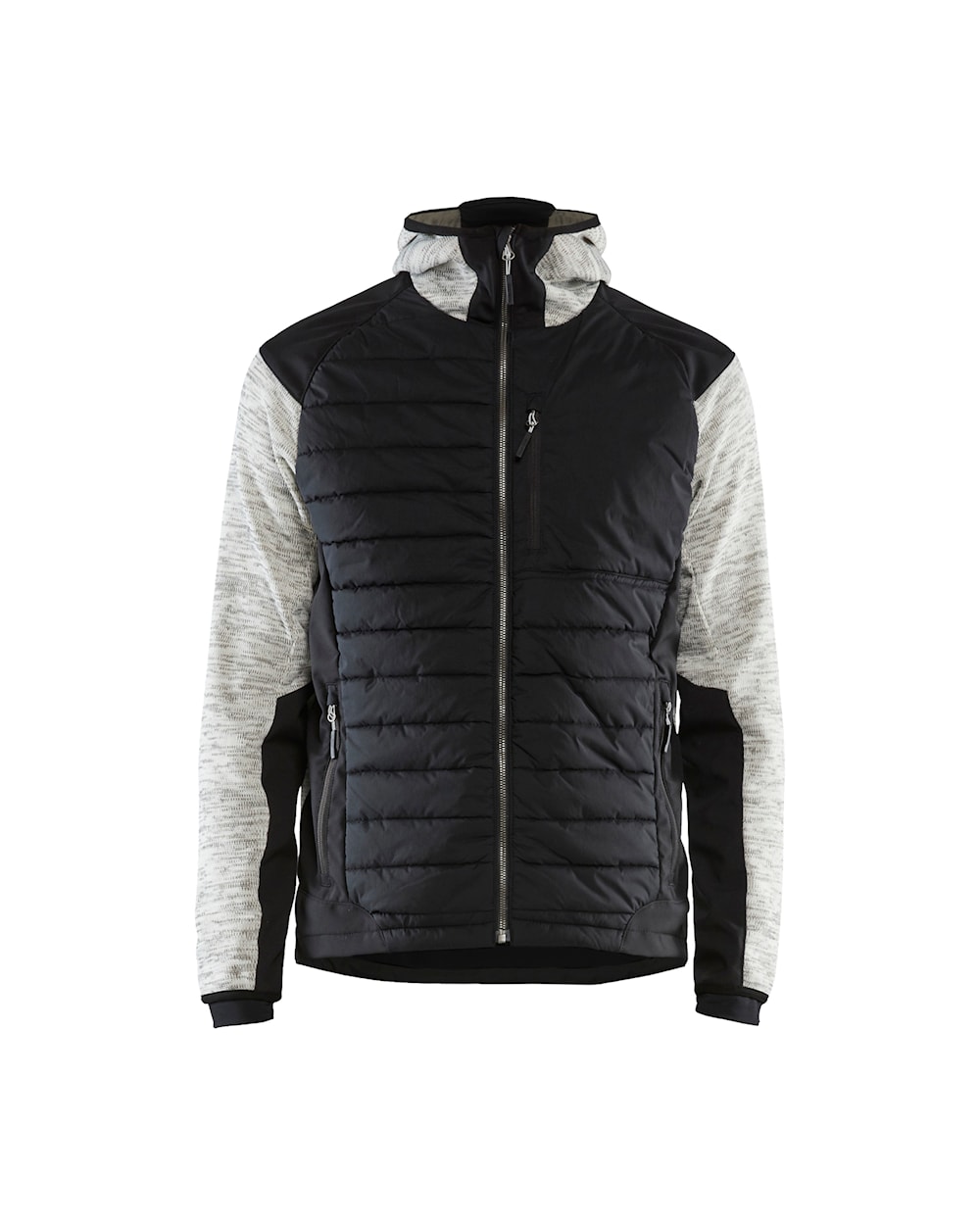 Hybrid Jacke grau melange / schwarz vorn Jacke mit Kapuze in Schwarz mit hellgrauen Akzenten, Ansicht von vorn