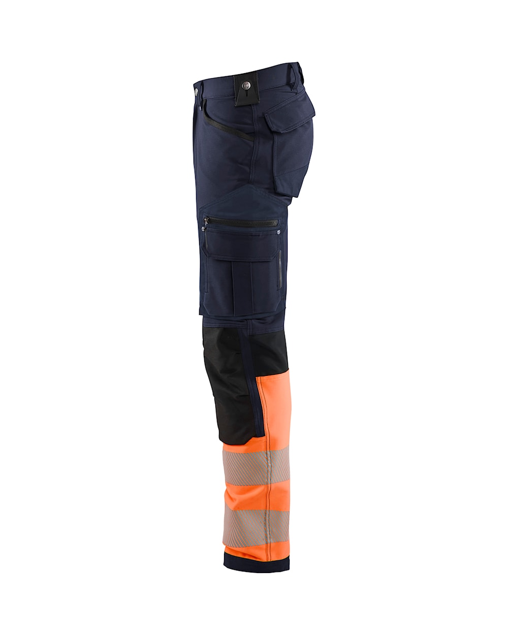 High Vis Arbeitshose 4-Wege Stretch ohne Nageltaschen Marineblau / Orange, Seite links, DB Schenker High Vis Arbeitshose 4-Wege Stretch ohne Nageltaschen Marineblau / Orange, Seite links, DB Schenker