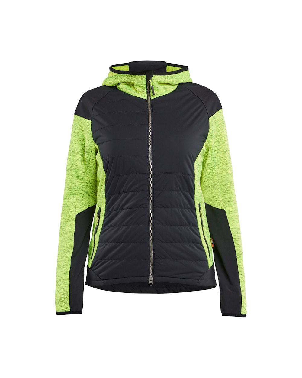 Damen Hybrid Jacke high vis gelb / schwarz vorn Damenjacke mit Kapuze in Schwarz mit grünen Akzenten, Ansicht von vorn