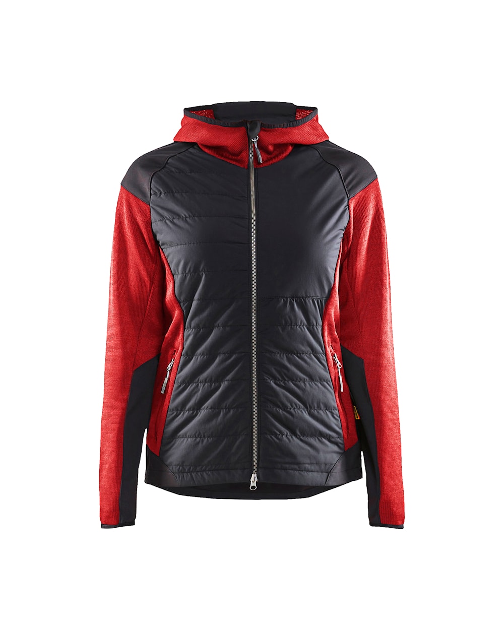 Damen Hybrid Jacke rot / schwarz vorn Damenjacke mit Kapuze in Schwarz mit roten Akzenten, Ansicht von vorn