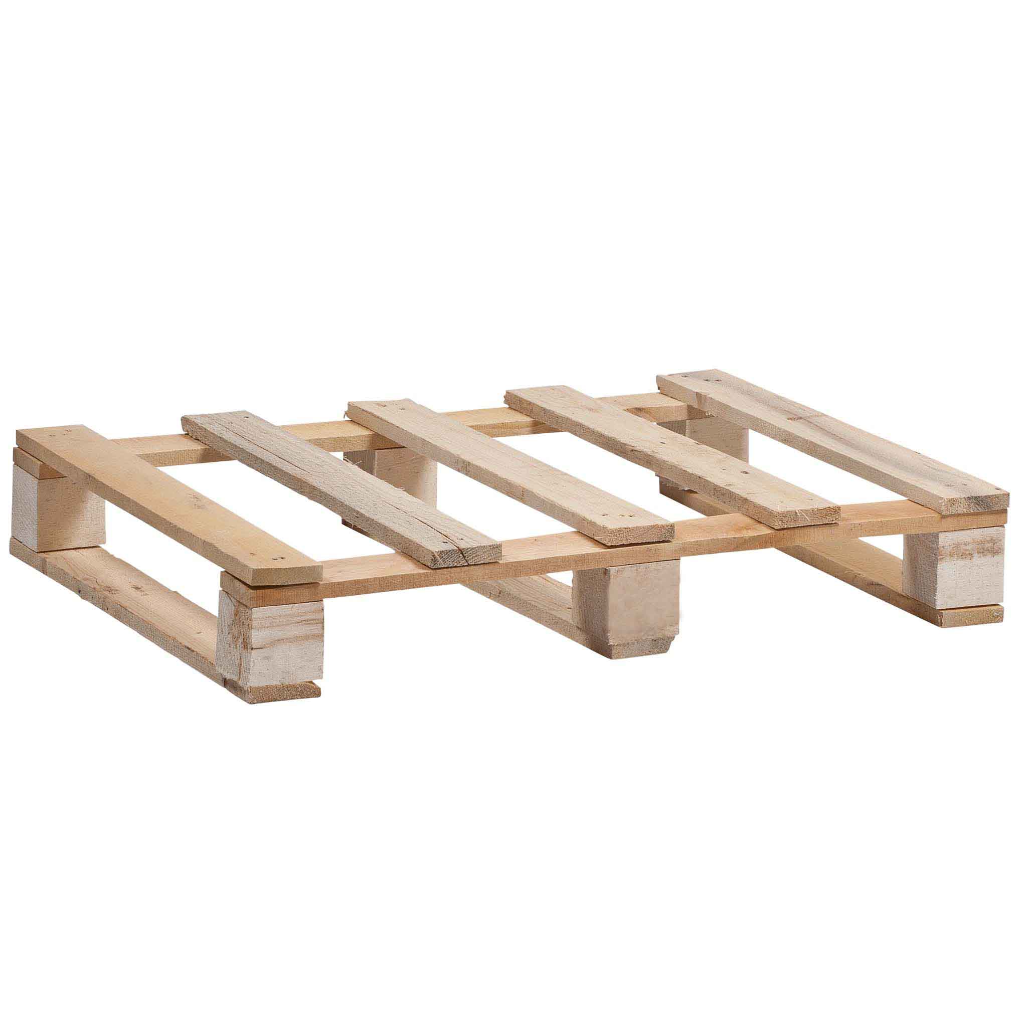 IPPC-Holzpaletten Größe 600 x 400 mm Ansicht von schräg oben auf eine Holz-Einwegpalette mit fünf Deckbrettern auf der kurzen Seite