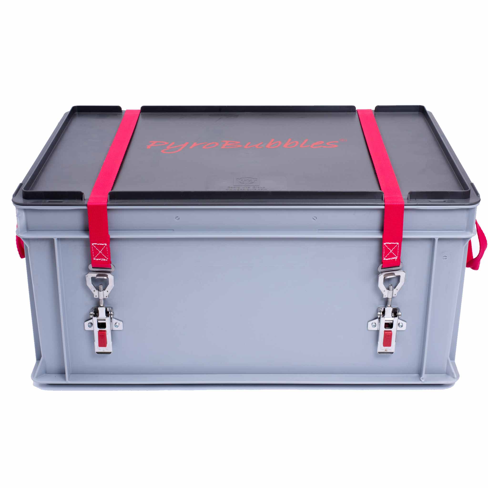 S-Box 1 Basic Ansicht von vorn auf einen grauen Behälter mit schwarzem Deckel und zwei Scharnieren mit rotem Band