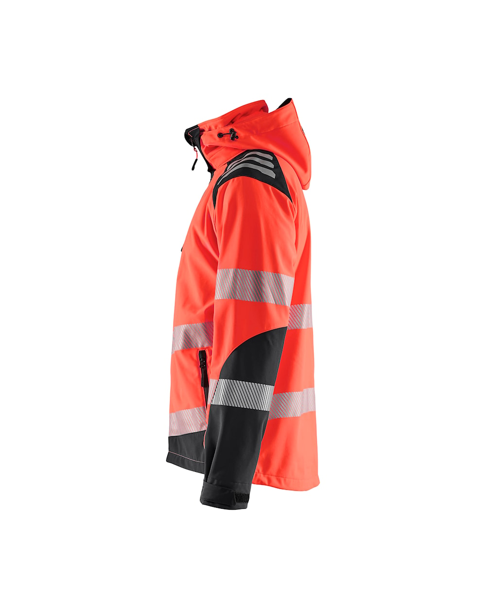 High Vis Softshell Jacke mit Kapuze high vis rot / schwarz Seite links, DB Schenker