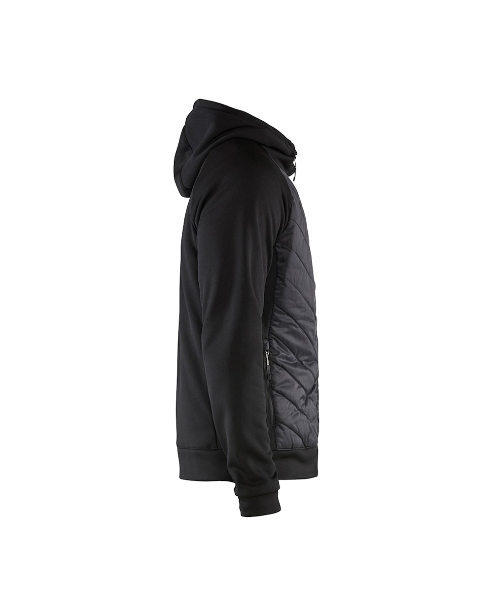 Schwarze, dünne Jacke mit Kapuze, Ansicht von rechts