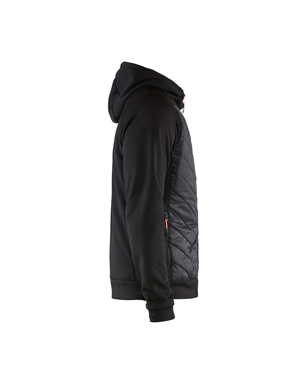 Schwarze, dünne Jacke mit Kapuze, Ansicht von rechts
