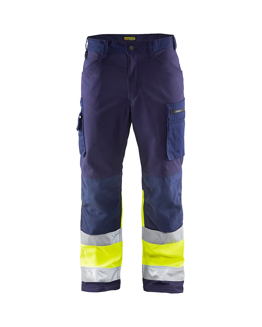 High Vis Arbeitshose Softshell Marineblau / High Vis Gelb, vorne, DB Schenker Dunkelblaue Hose mit gelben und reflektierenden Streifen sowie mehreren Taschen.