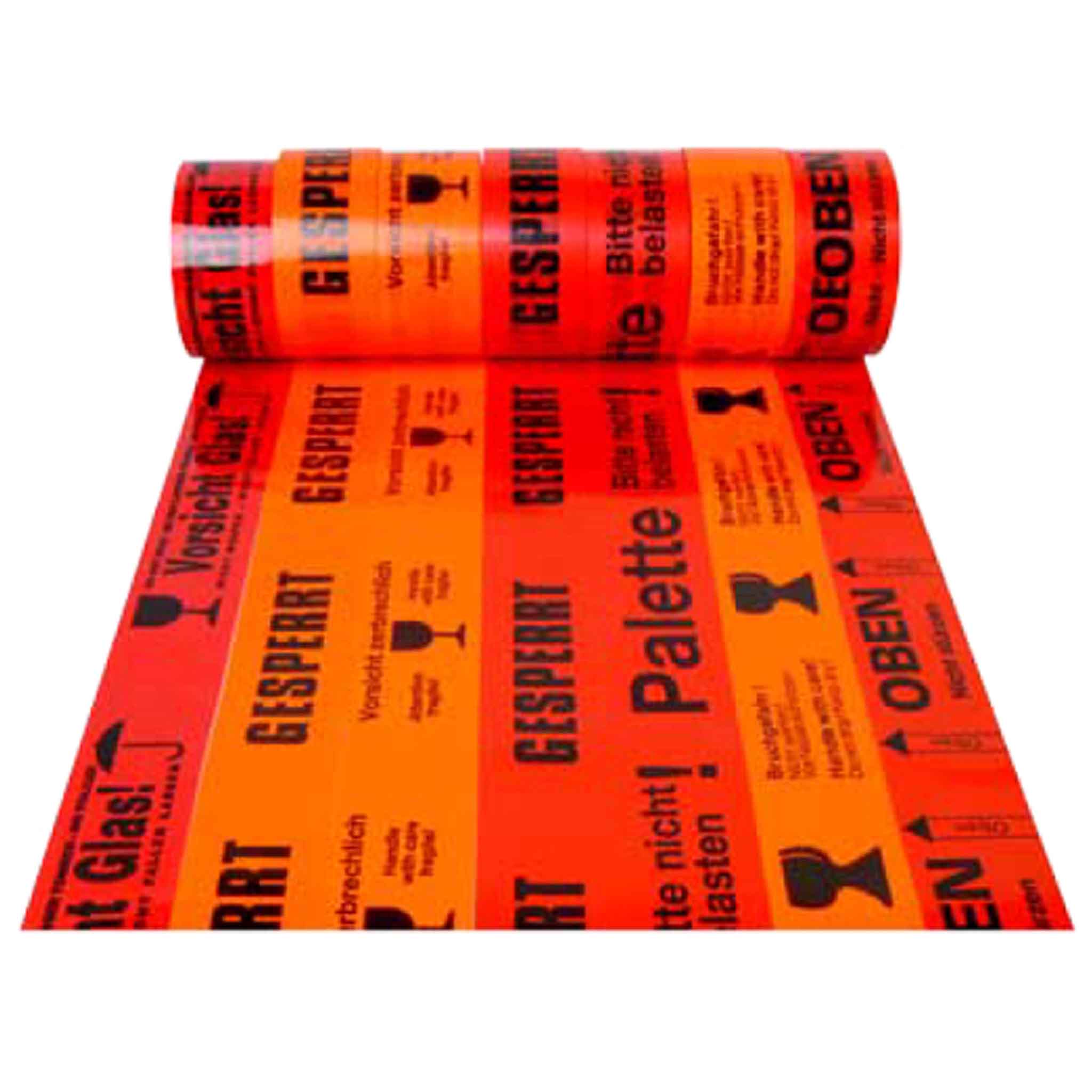 Warnklebebänder Ansicht von vorn auf sechs unterschiedliche Rollen Warnklebeband in orange und rot mit unterschiedlichen Warnkennzeichen