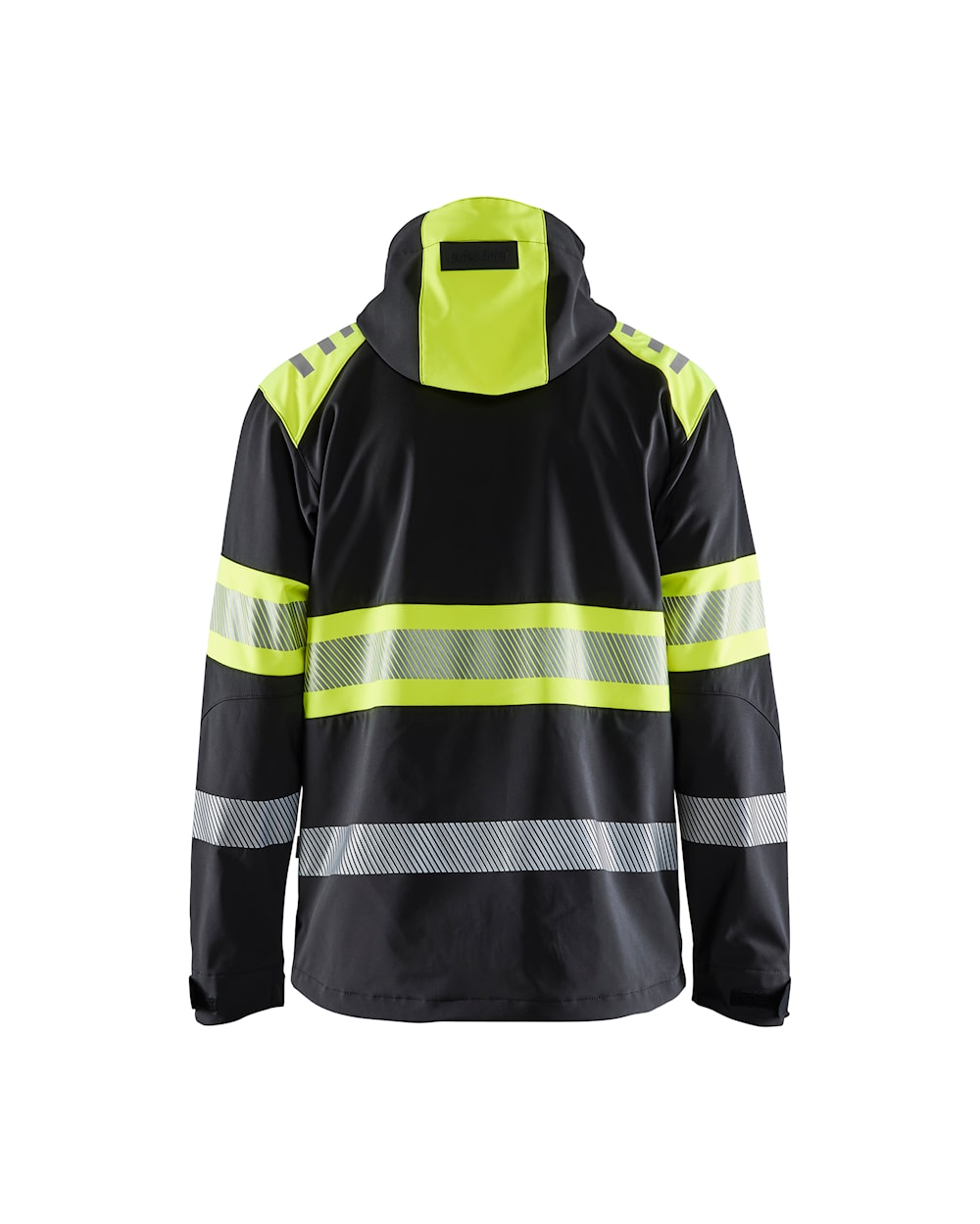 High Vis Softshell Jacke schwarz / gelb, hinten, DB Schenker