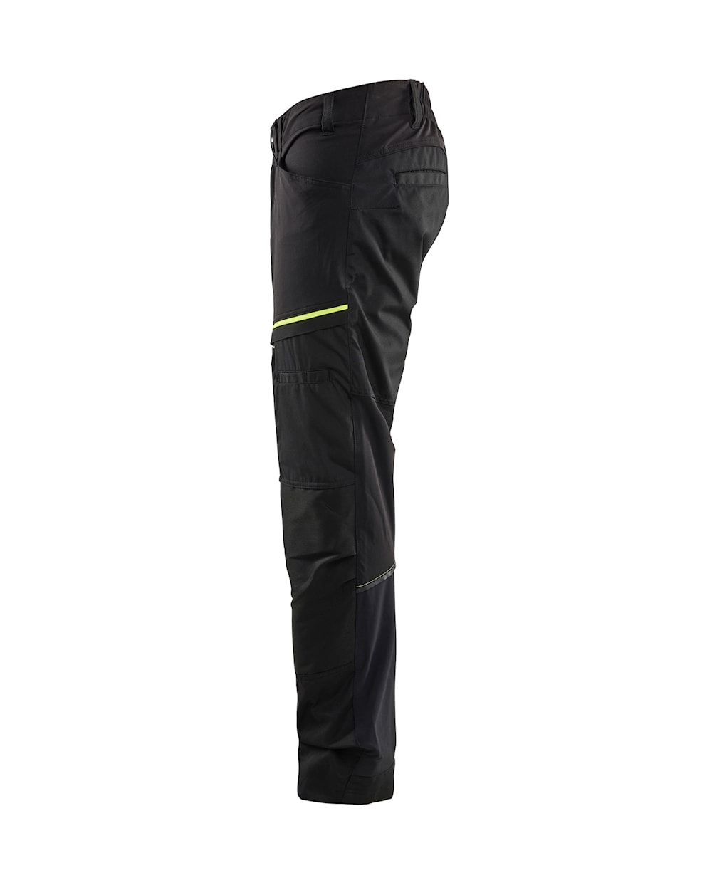 Schwarze Hose mit gelben Akzenten und mehreren Taschen, einschließlich großer Taschen an den Oberschenkeln.