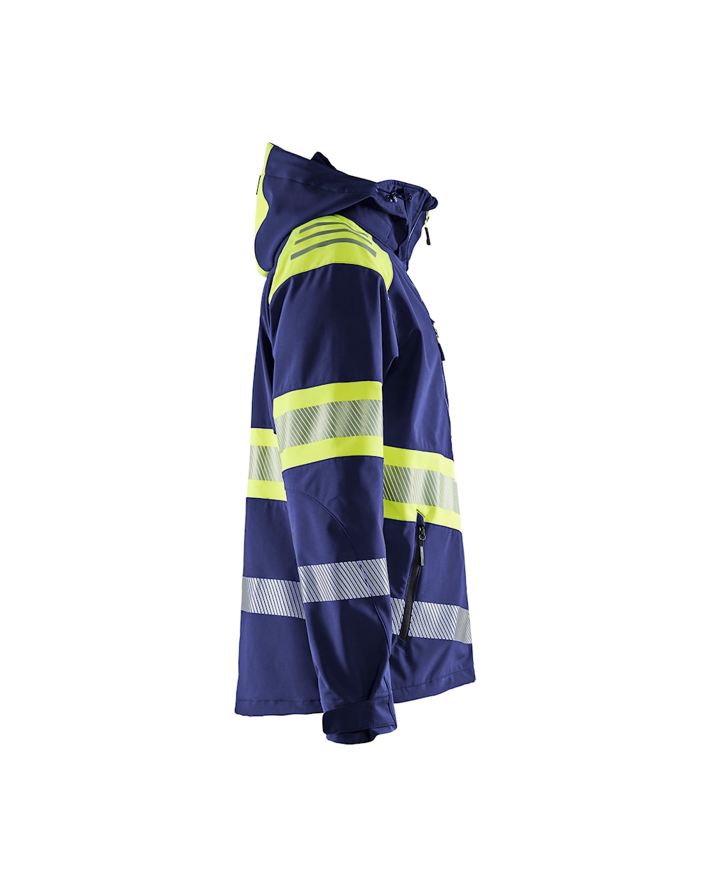 High Vis Softshell Jacke mit Kapuze  marineblau / high vis gelb Seite rechts High Vis Softshell Jacke mit Kapuze  marineblau / high vis gelb Seite rechts