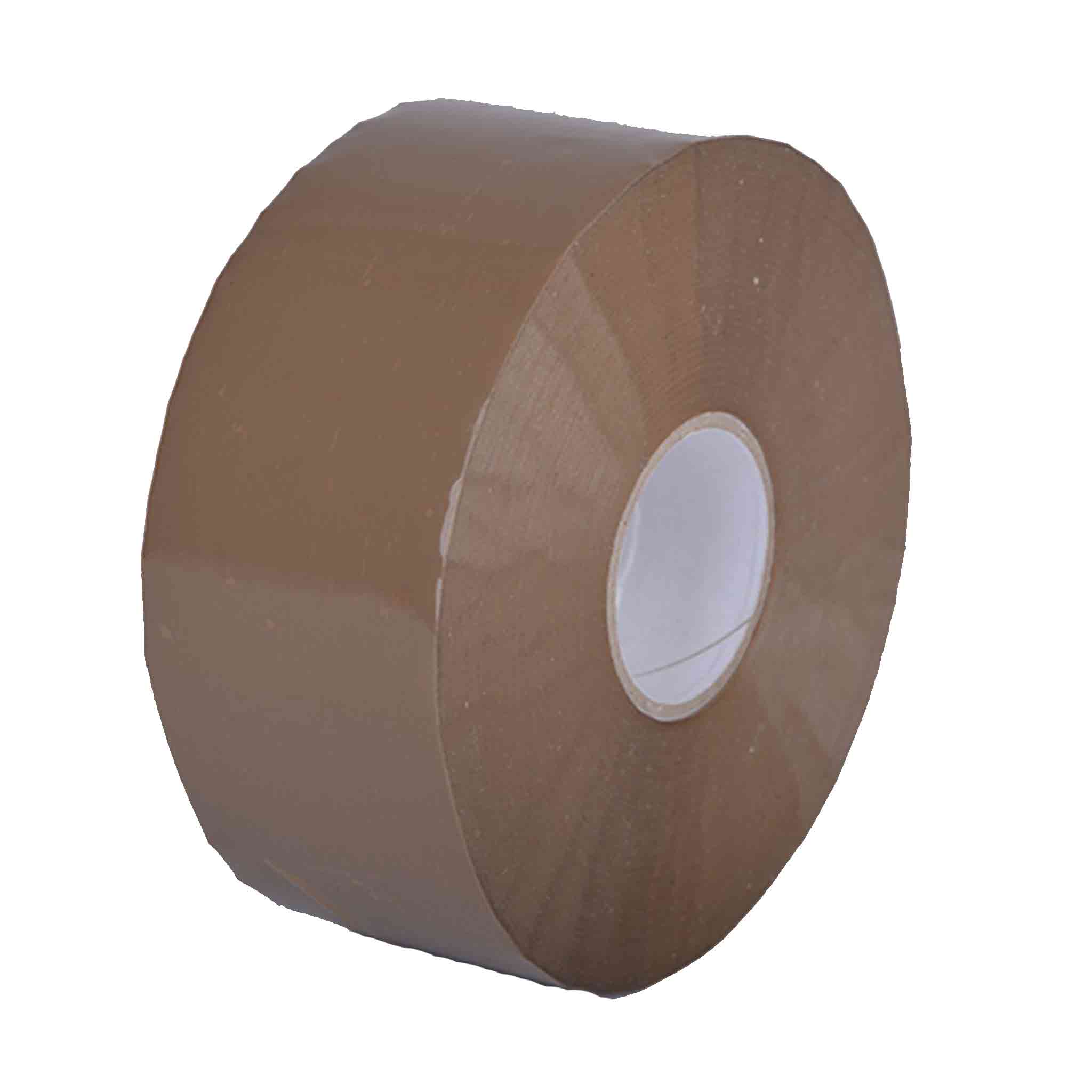 PP-Packfilm P30 braun Ansicht von schräg vorn auf eine braune Rolle PP-Packfilm Klebeband mit weißem Kern