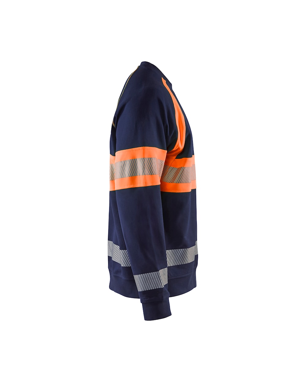 High Vis Sweater Marineblau / Orange, Seite rechts, DB Schenker Dunkelblauer Pullover mit orangefarbenen und reflektierenden Details. Ansicht von rechts