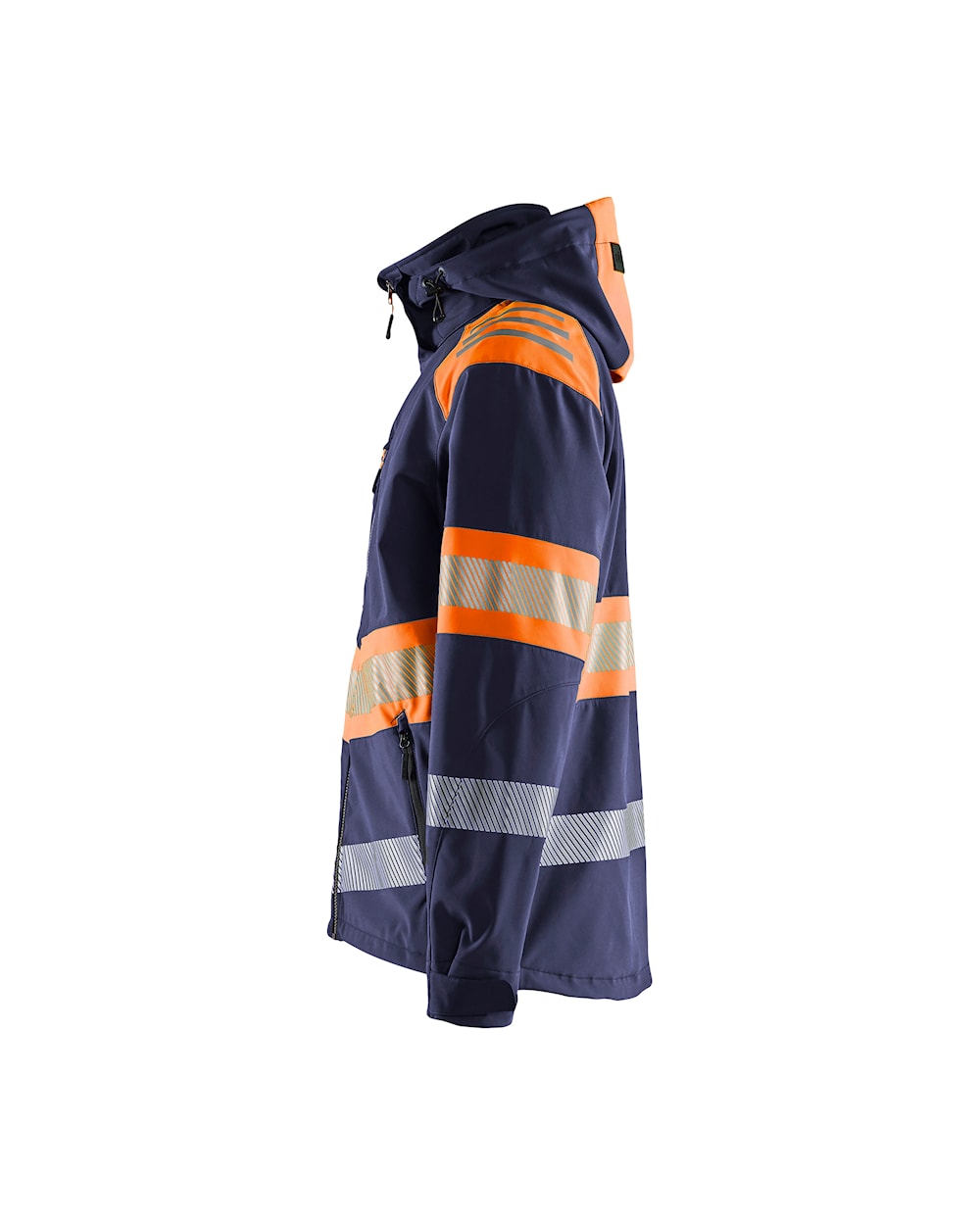 High Vis Softshell Jacke marineblau / orange, Seite links, DB Schenker