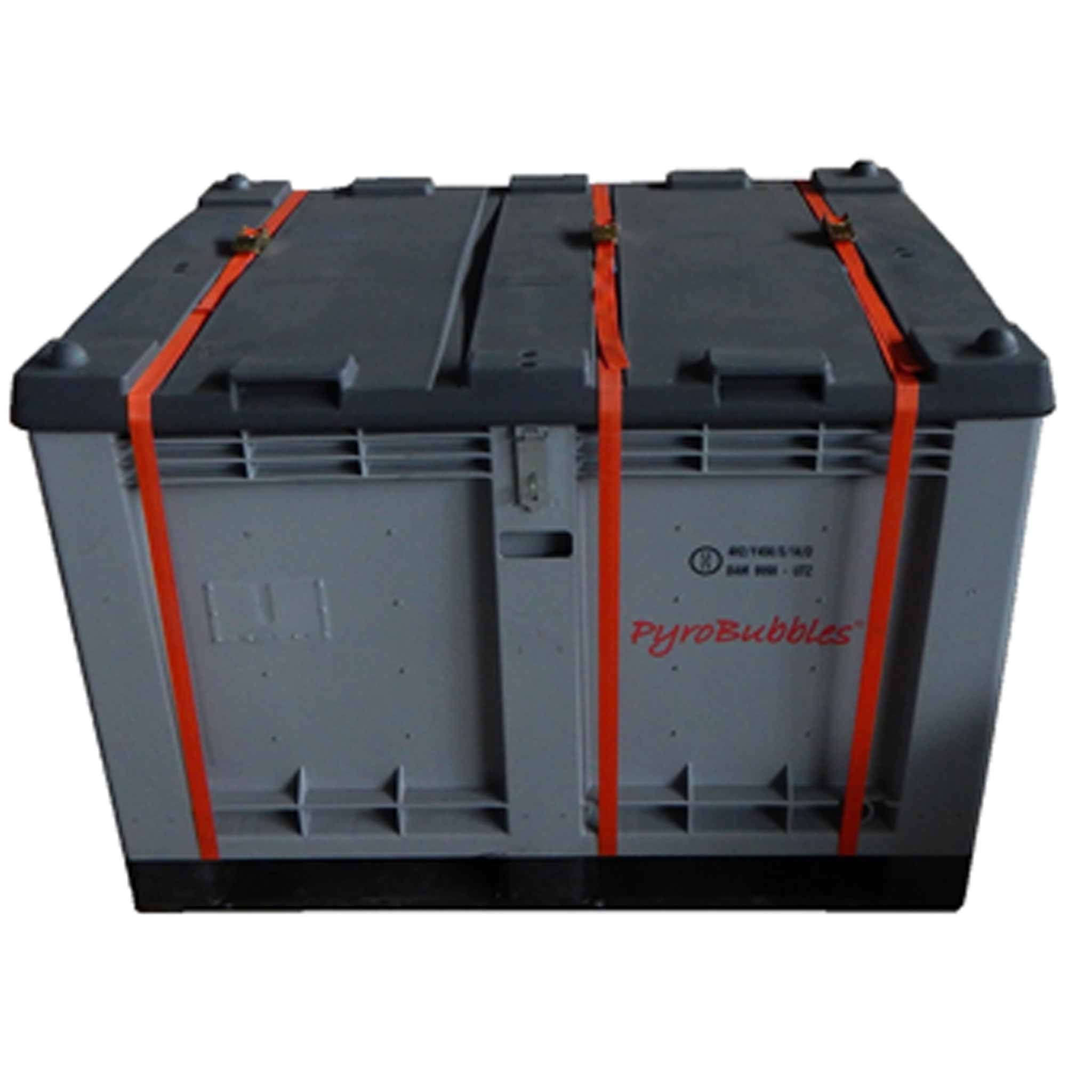 M-Box Advanced  Box für Batterien von vorn. Die Boxe ist dunkelgrau. Der schwarze Deckel ist mit roten Bändern befestigt