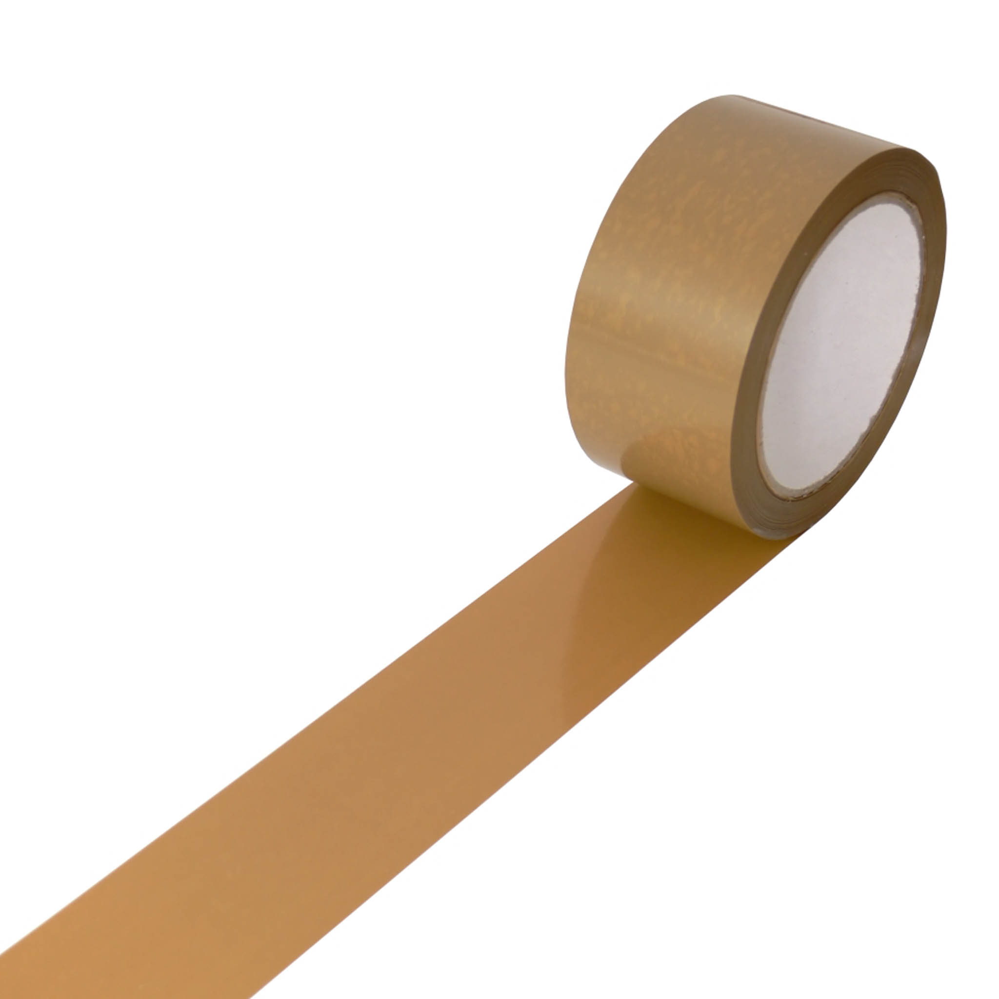PP-Selbstklebeband Ansicht von schräg oben auf eine braune Rolle Selbstklebeband mit weißem Kern