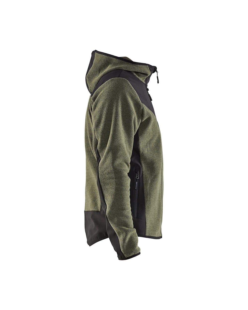Softshell-Strickjacke in Dunkelgrün mit schwarzen Akzenten, Ansicht von rechts
