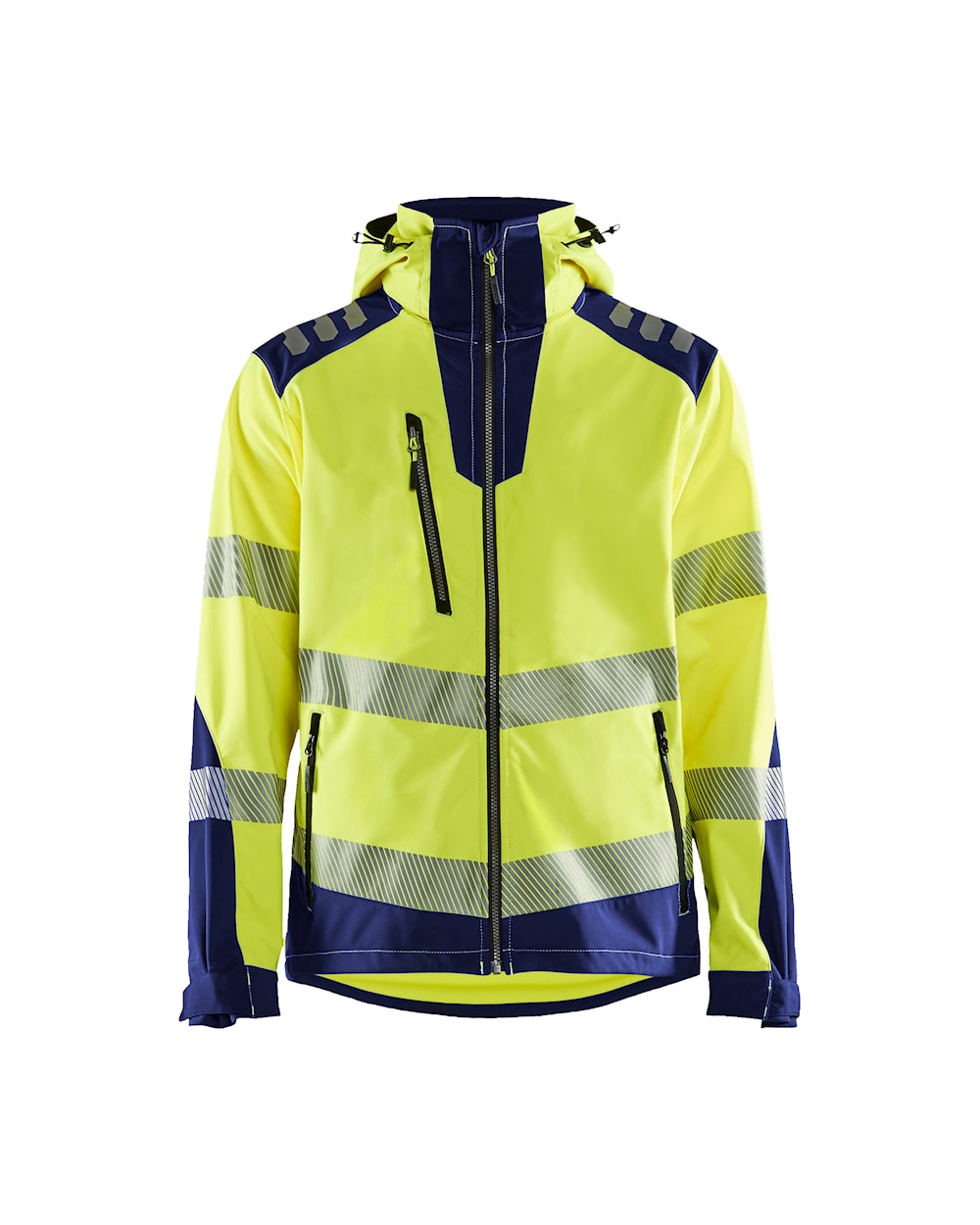 High Vis Softshell Jacke mit Kapuze high vis gelb / marineblau vorn, DB Schenker 