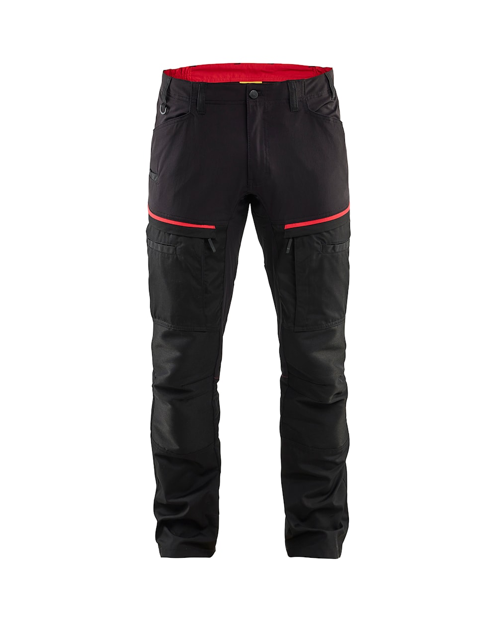 Service Arbeitshose mit Stretch Schwarz / Rot vorn Schwarze Hose mit roten Akzenten und mehreren Taschen, einschließlich großer Taschen an den Oberschenkeln.