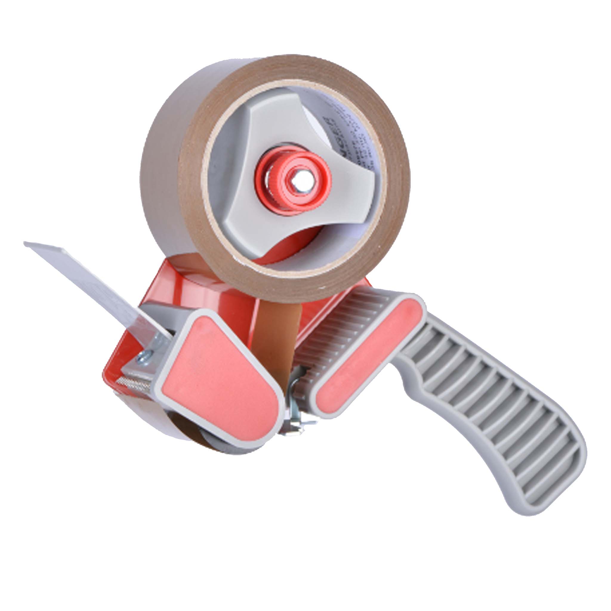 Handabroller  Handabroller Klebeband mit eingelegter brauner Rolle Klebeband in rot mit grauen Handgriff