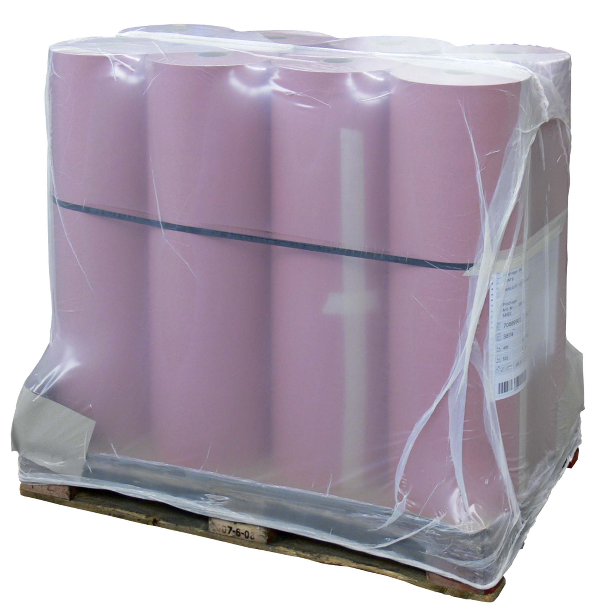 LDPE-Schrumpfhaube eine Palette mit 8 hohen Rollen, die mit Schrumpffolie gesichert ist