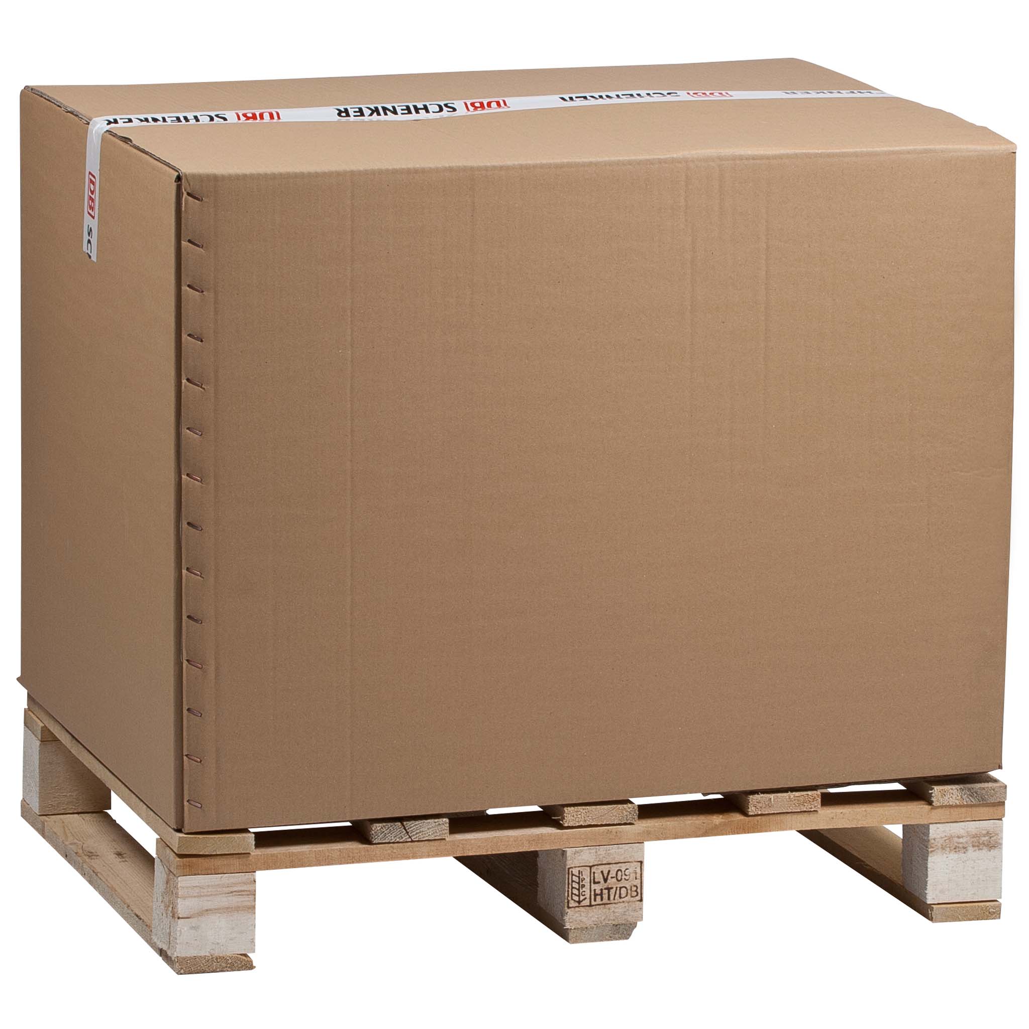 Palettenkarton Ansicht von leicht schräg vorn auf eine Europalette, auf der ein brauner Palettenkarton steht, der ca. 1 Meter hoch ist. Verschlossen ist der Karton mit bedruckten Klebeband oben