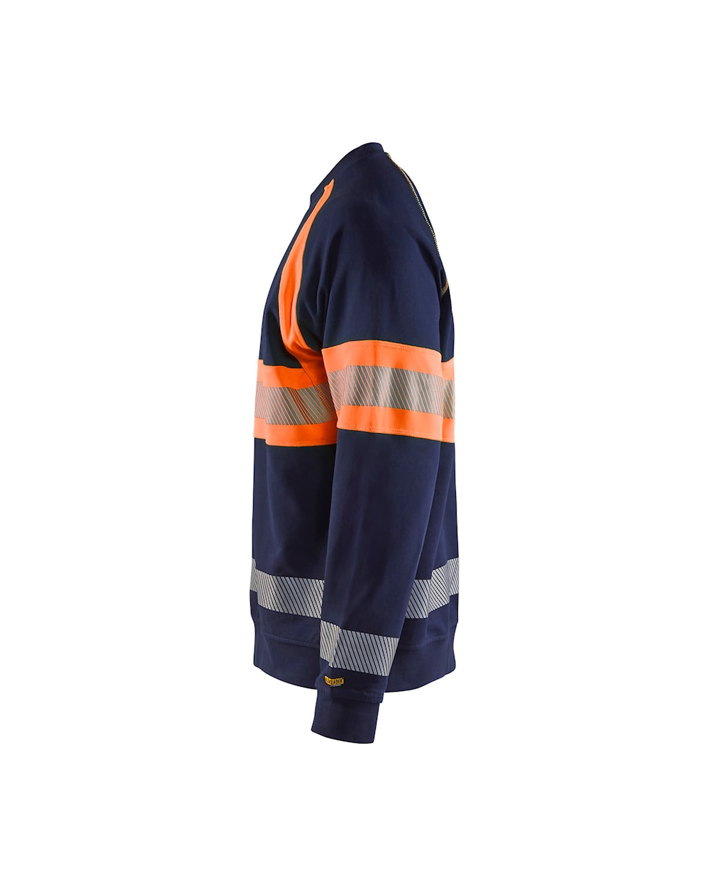High Vis Sweater Marineblau / Orange, Seite links, DB Schenker Dunkelblauer Pullover mit orangefarbenen und reflektierenden Details. Ansicht von links