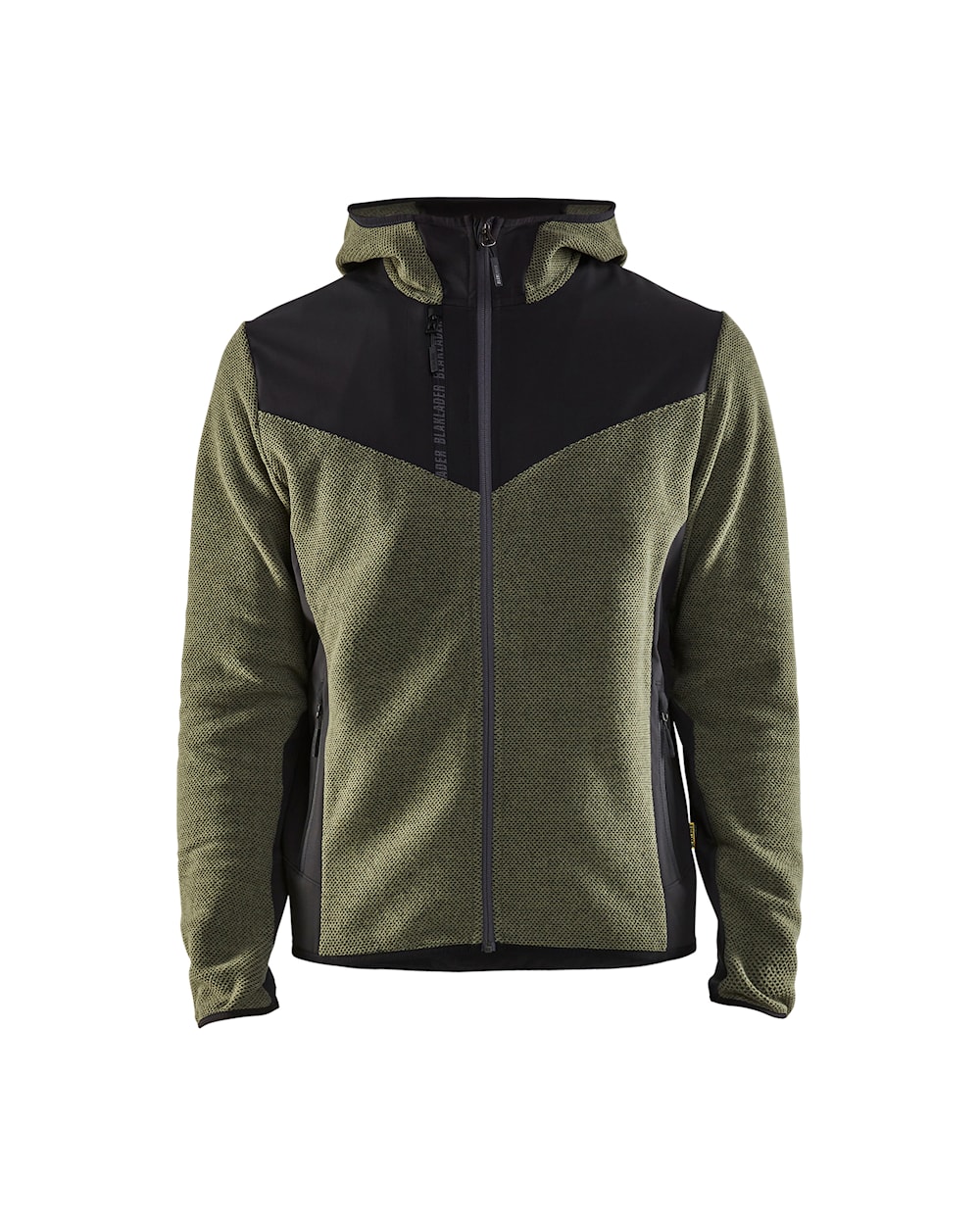 Softshell-Strickjacke herbstgrün / schwarz vorn Softshell-Strickjacke in Dunkelgrün mit schwarzen Akzenten, Ansicht von vorn