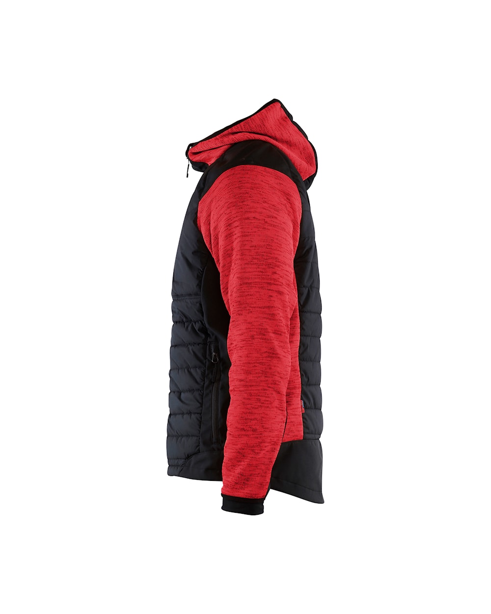 Jacke mit Kapuze in Schwarz mit roten Akzenten, Ansicht von links