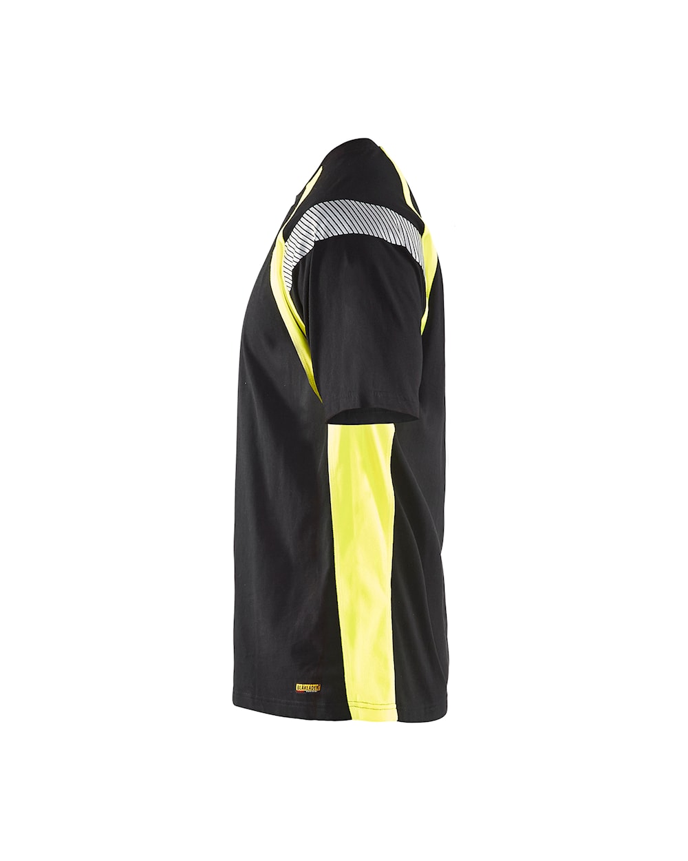 Schwarzes Hi-Vis T-Shirt mit gelben Akzenten und reflektierenden Streifen, Seite links, DB Schenker Schwarzes Hi-Vis T-Shirt mit gelben Akzenten und reflektierenden Streifen, Seite links, DB Schenker