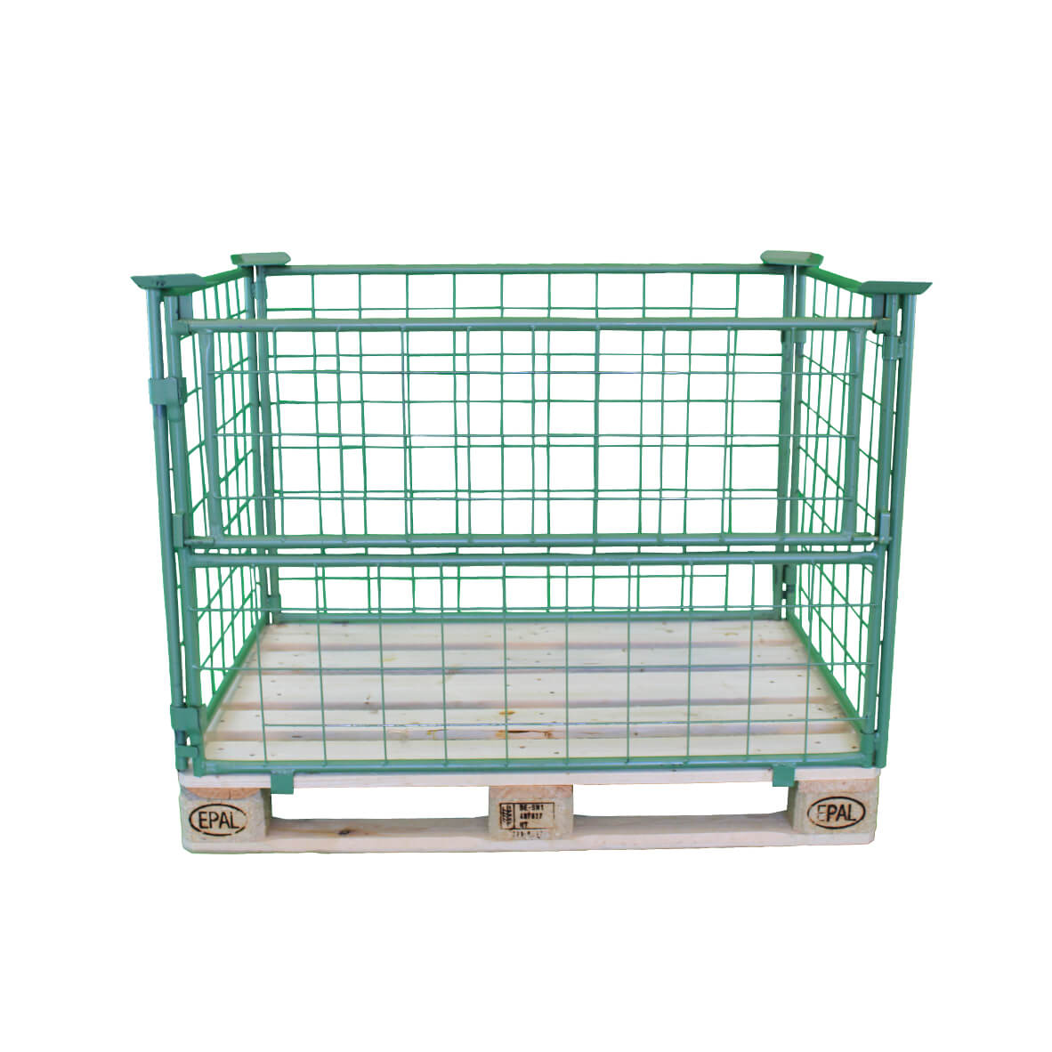 Frontansicht auf einen grünen Gitteraufsatzrahmen, der auf einer Europalette montiert ist