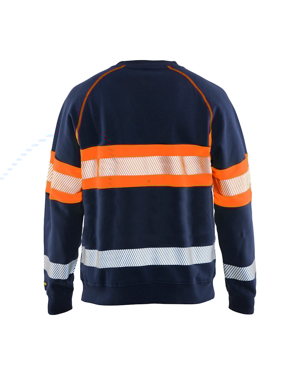 High Vis Sweater Marineblau / Orange, hinten, DB Schenker Dunkelblauer Pullover mit orangefarbenen und reflektierenden Details. Ansicht von hinten