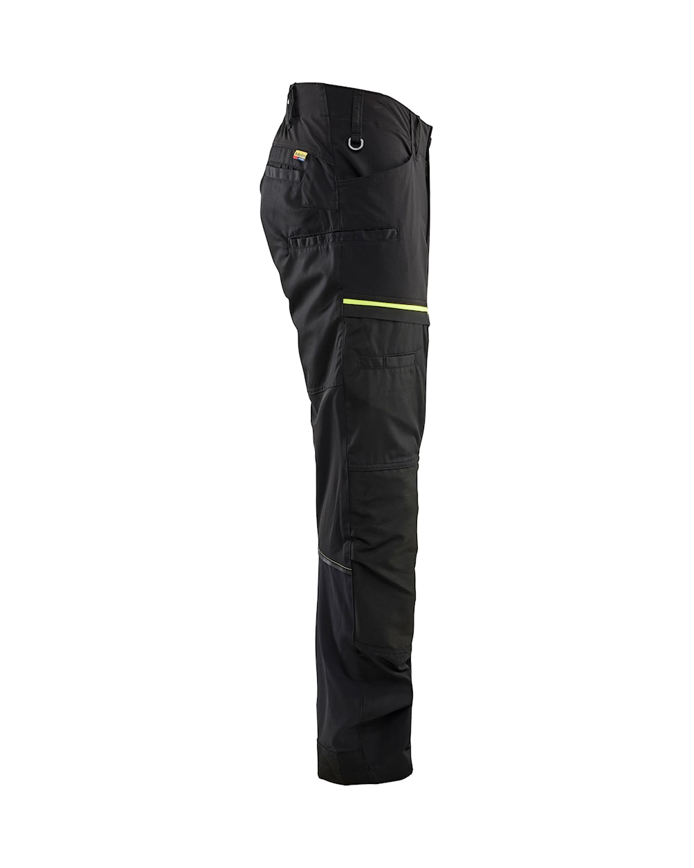 Schwarze Hose mit gelben Akzenten und mehreren Taschen, einschließlich großer Taschen an den Oberschenkeln.