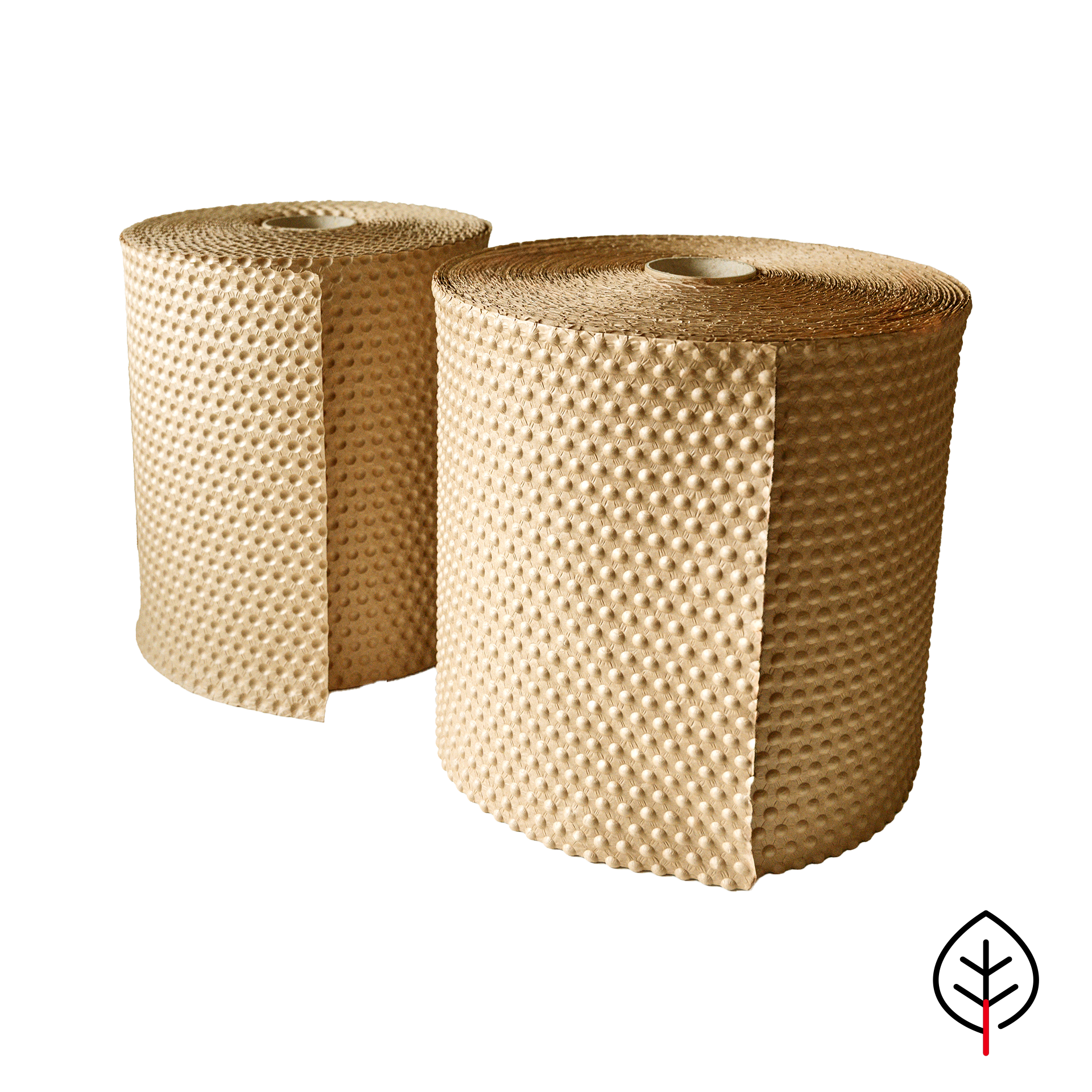Papair Wrap | Luftpolsterfolie aus Papier Ansicht von vorn auf zwei hintereinander stehende Rollen mit Polstfolie aus Wellpappe