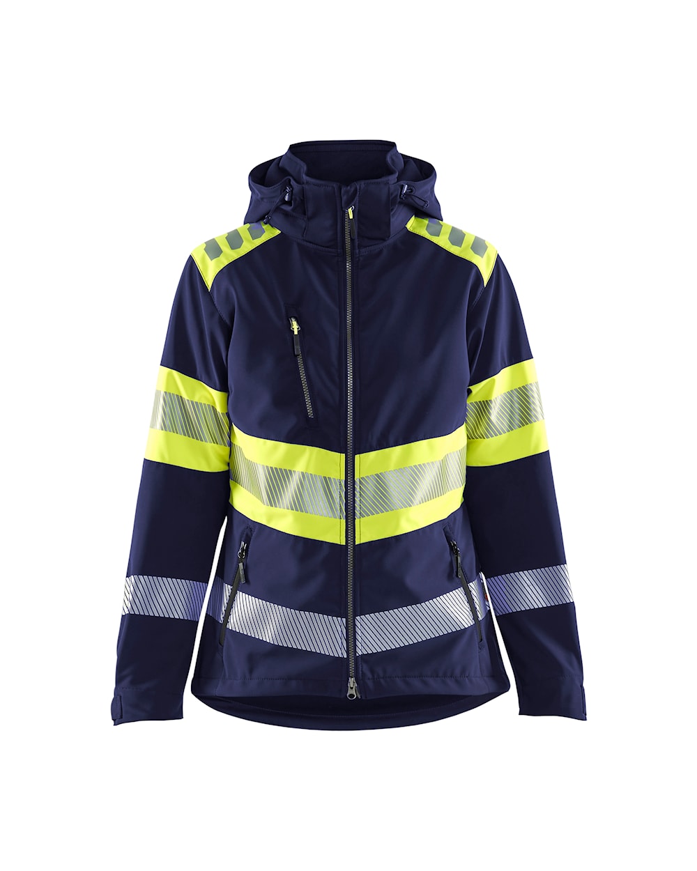 Damen Hi-Vis Jacke Softsh. marineblau / high vis gelb vorn