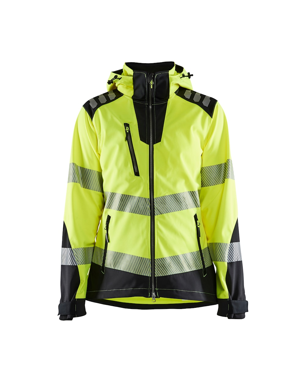 Damen Hi-Vis Jacke Softsh. high vis gelb / schwarz, vorne, DB Schenker