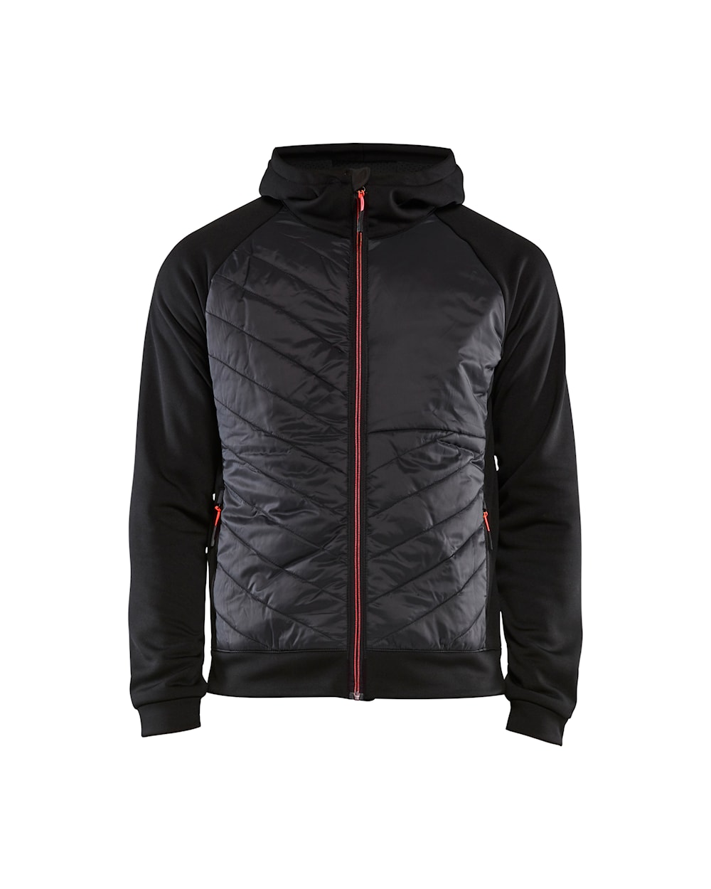 Hybrid Sweater  schwarz / rot vorn Schwarze, dünne Jacke mit Kapuze und rotem Reißverschluß, Ansicht von vorn
