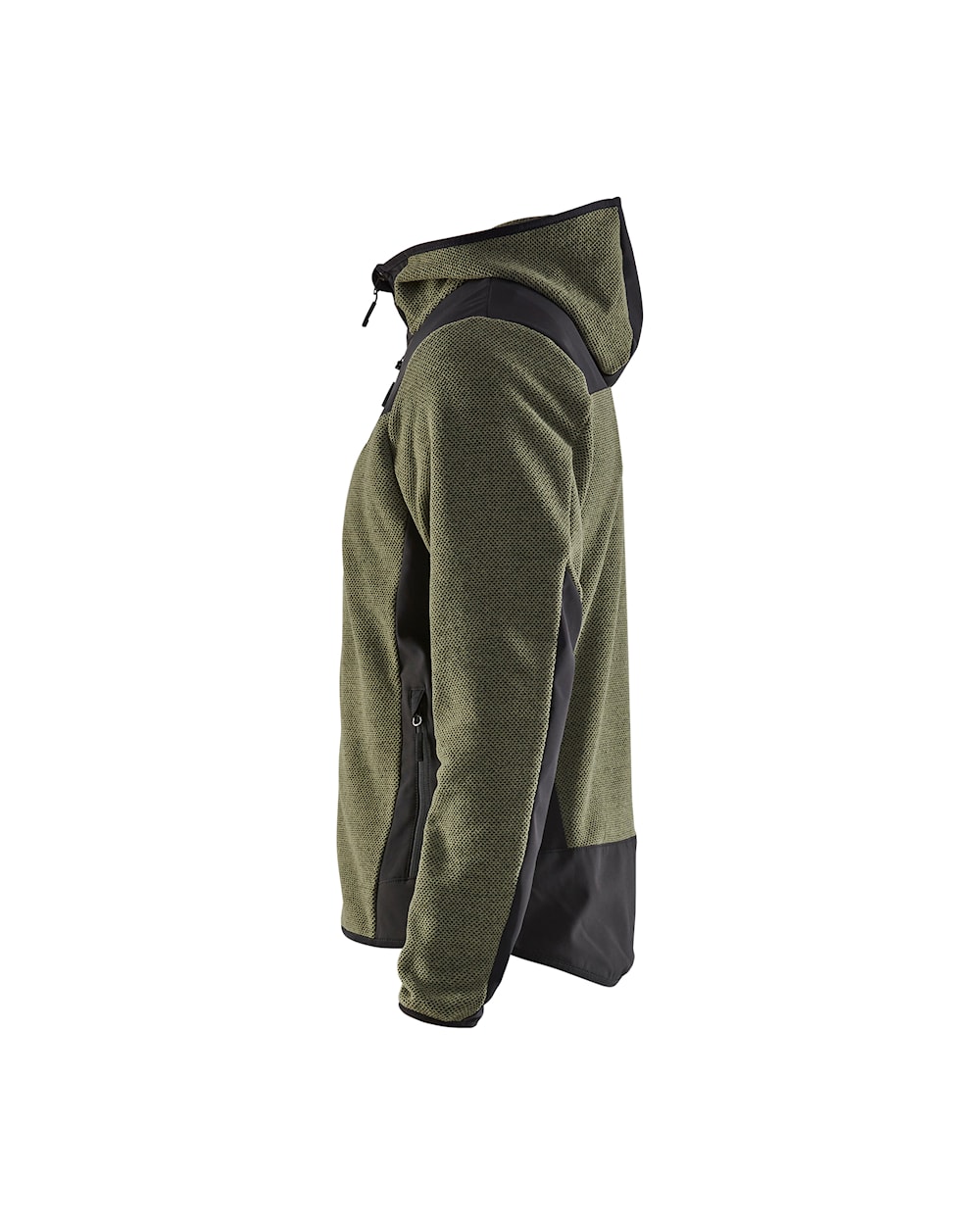 Softshell-Strickjacke in Dunkelgrün mit schwarzen Akzenten, Ansicht von links