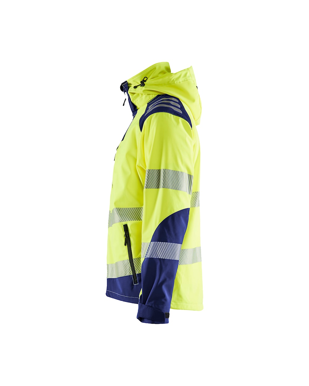 High Vis Softshell Jacke mit Kapuze high vis gelb / marineblau, Seite links, DB Schenker 