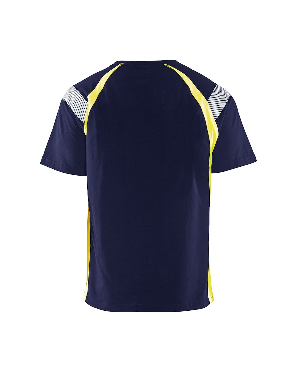 Schwarzes Hi-Vis T-Shirt mit gelben Akzenten und reflektierenden Streifen, hinten Dunkelblaues Hi-Vis T-Shirt mit gelben Akzenten und reflektierenden Streifen.