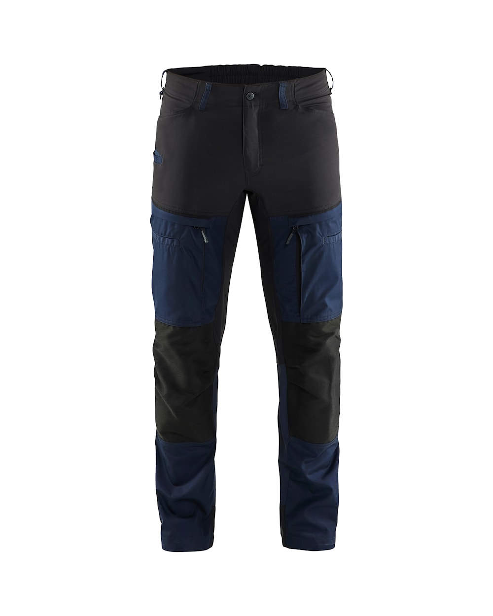 Service Arbeitshose mit Stretch Dunkel Marineblau / Schwarz vorn Dunkelblaue Hose mit schwarzen Abschnitten an den Knien und unteren Beinen sowie Gürtelschlaufen am Bund
